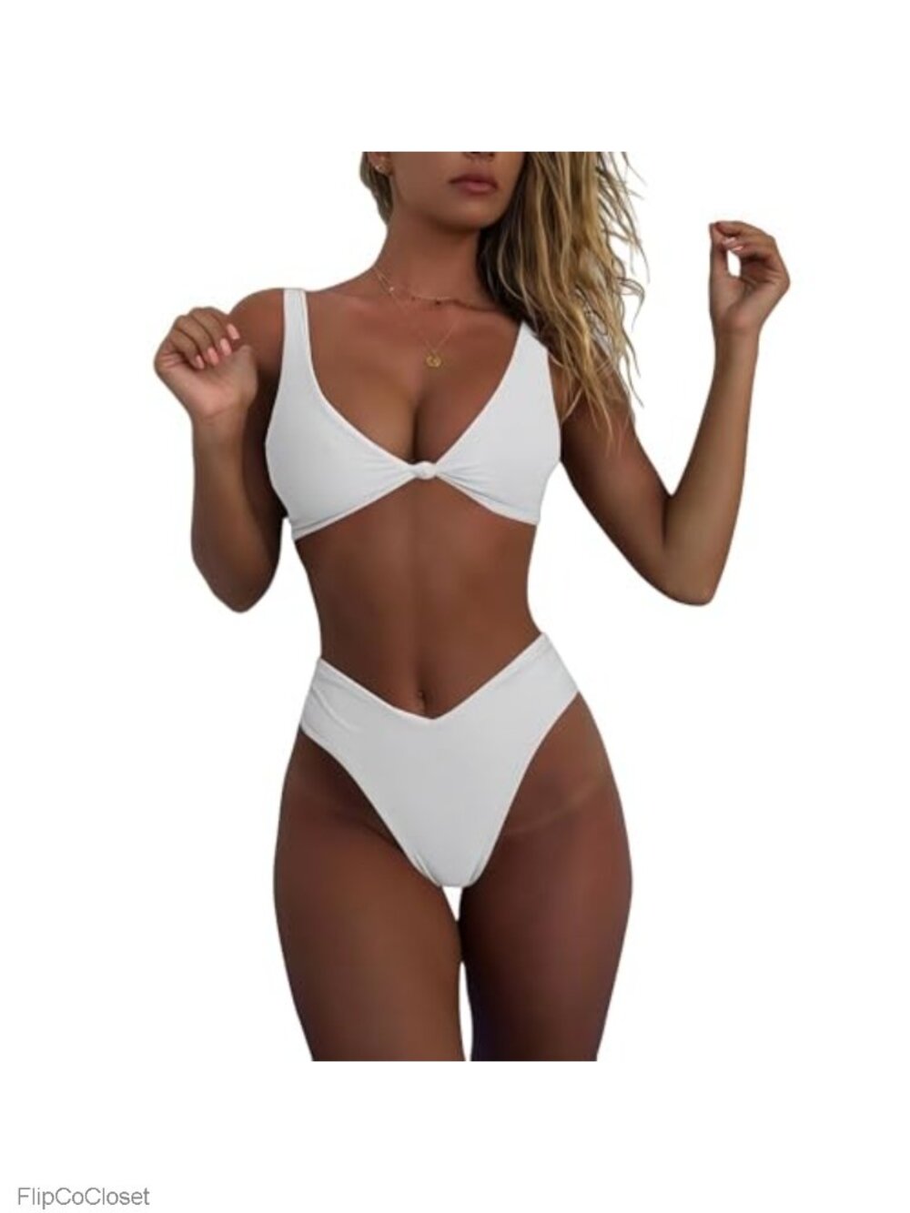 Women's Knot Front Push Up High Leg Thong Bikini Set V Neck Two Piece Swimsuit
